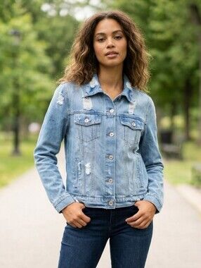 Diatressed Womens Denim Jacket Size Medium